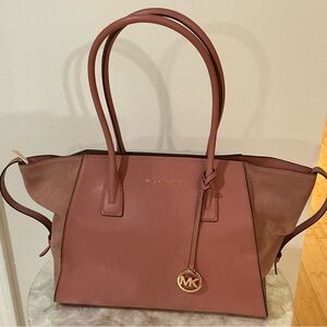 Michael Kors Avril XL Large Shoulder Bag Top Zip Tote Rose Pink Suede Leather